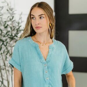 Dusty Teal V-Neck Acid Wash Top